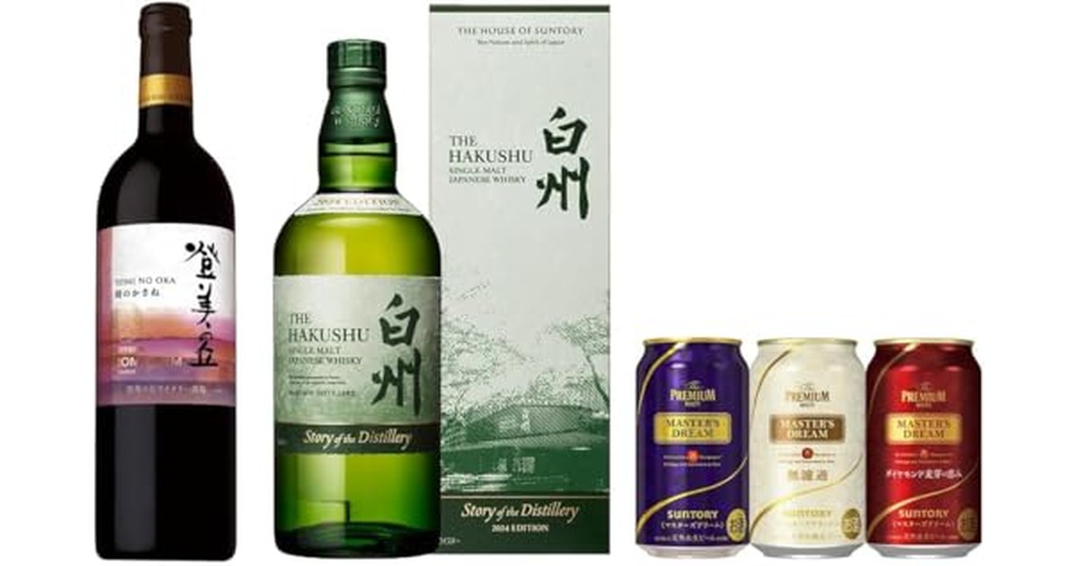 白州 Story of the Distillery 2024・サントリーフロムファーム登美の丘 赤 時のかさね・ザ・プレミアム・モルツ マスターズドリーム3種(賞味期限2025年5月)[日本ワイン 750ml×1本、ウイスキー 700ml×1本、ビール 350ml×10本 ]【サントリープレミアムセレクション】 の商品画像
