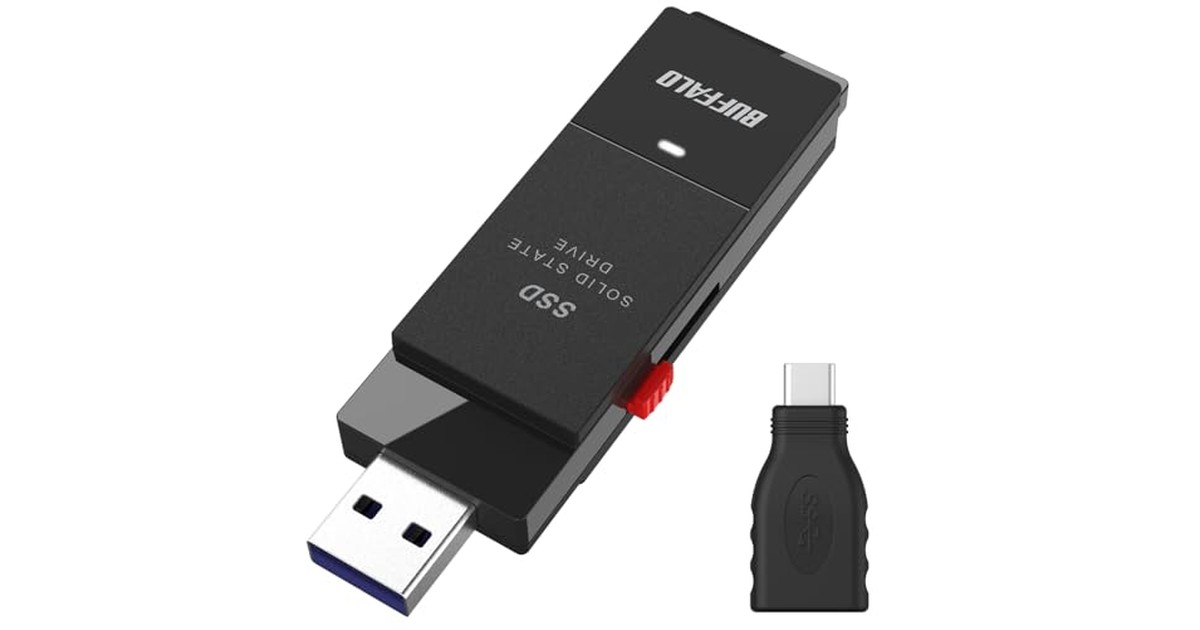 バッファロー SSD 外付け 2.0TB USB3.2 Gen2 読込速度600MB/秒 PS5/PS4メーカー動作確認済 コンパクト 小型 Type-Cアダプター付属 ブラック 【 iPhone 17 / 17 pro 動作確認済み 】 SSD-SCT2.0U3BA/N の商品画像