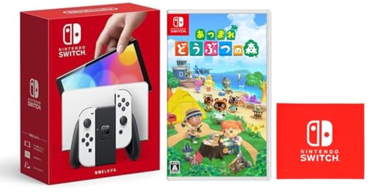 Nintendo Switch(有機ELモデル) Joy-Con(L)/(R) ホワイト + あつまれ どうぶつの森 -Switch【Amazon.co.jp限定】特典 Nintendo Switch ロゴデザイン マイクロファイバークロス 同梱 の商品画像