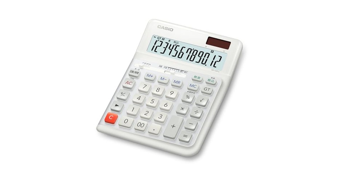 カシオ 人間工学電卓 左手用 12桁 日数&時間計算機能 デスクタイプ ホワイト DE-12D-L-WE-N エコマーク認定 の商品画像